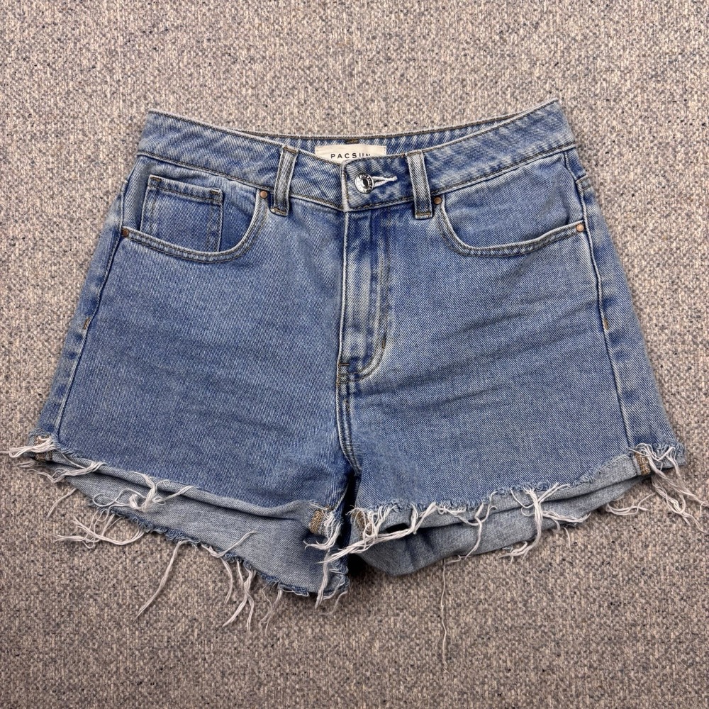 PacSun Womens Shorts Denim Fringe Mom Short Blue Distressed Size 25